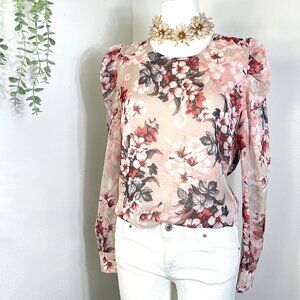 Vince Camuto Medium Pink Blouse Puff Shoulder Long Sleeve Floral Chiffon 1980's